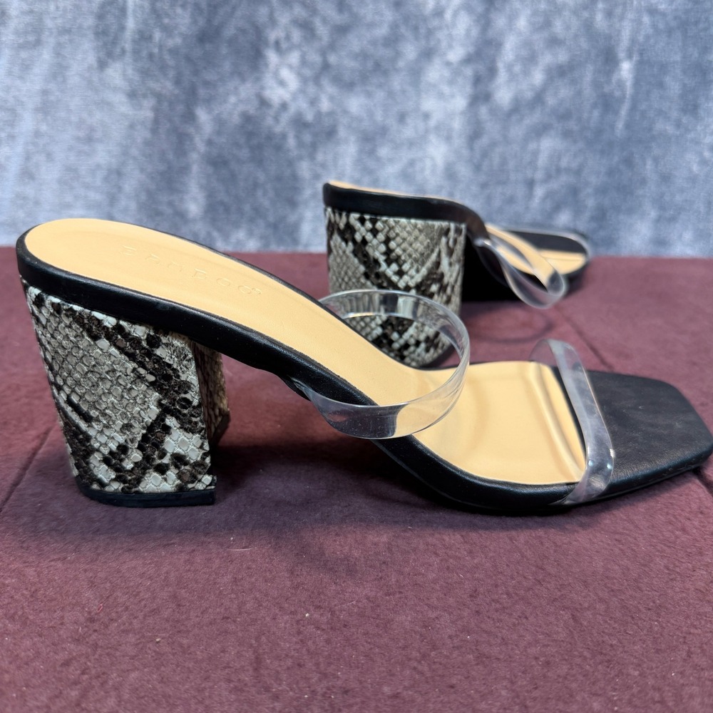 Bamboo Forever-32 Sandals Womens Black Block Heel Size 7 Snakeskin Clear Straps
